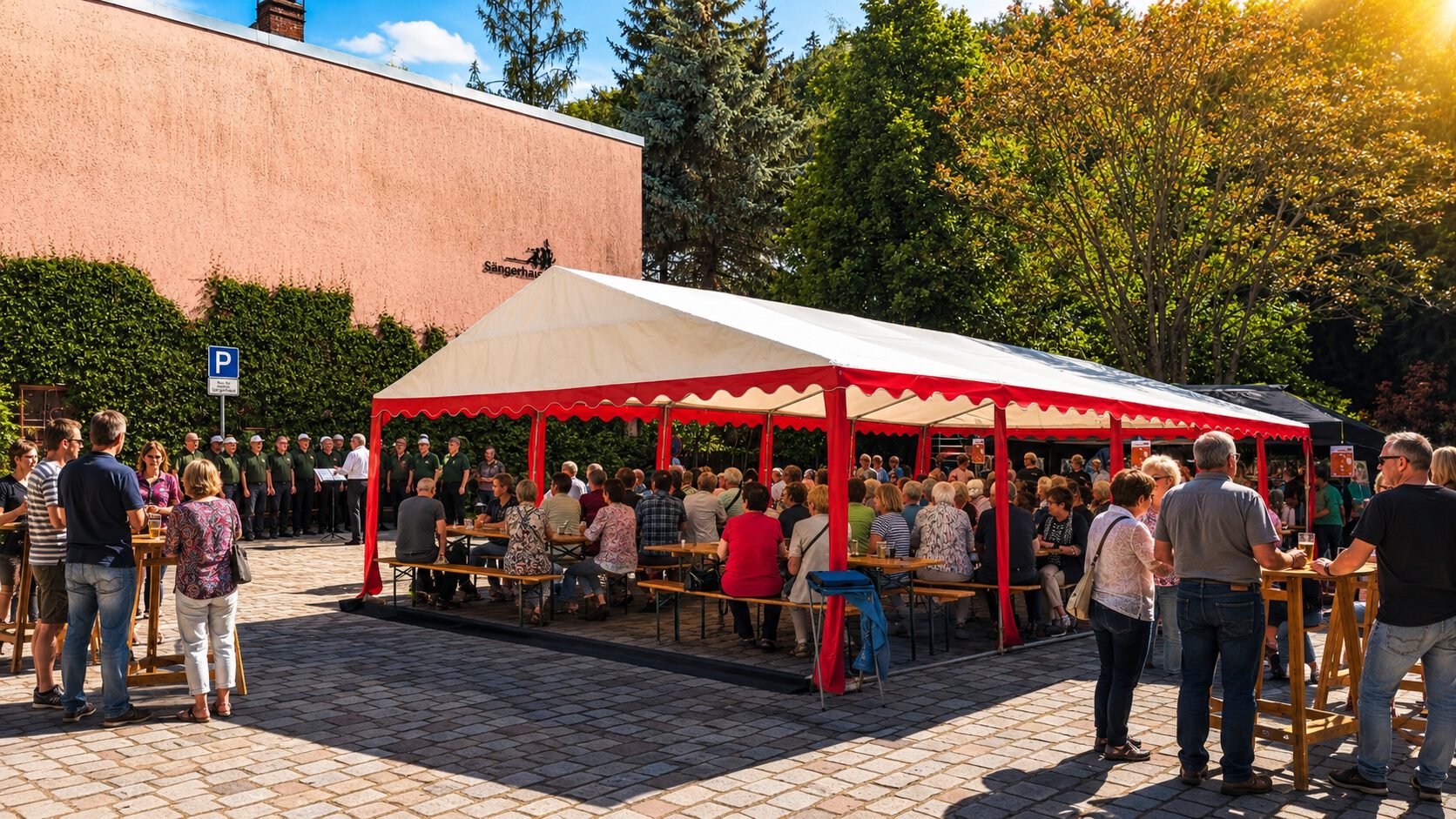 Sängerhof Gaudi Sebnitz mit Musikern, Bergsteigerchor und Publikum im Sängerhof