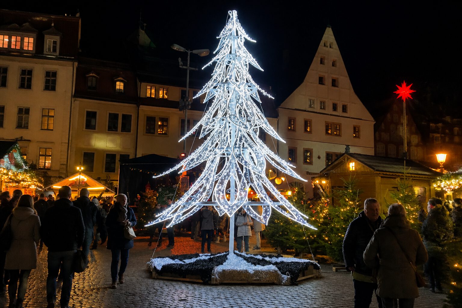 Weihnachtsbeleuchtung mit beleuchtetem Baum auf dem Canalettomarkt Pirna